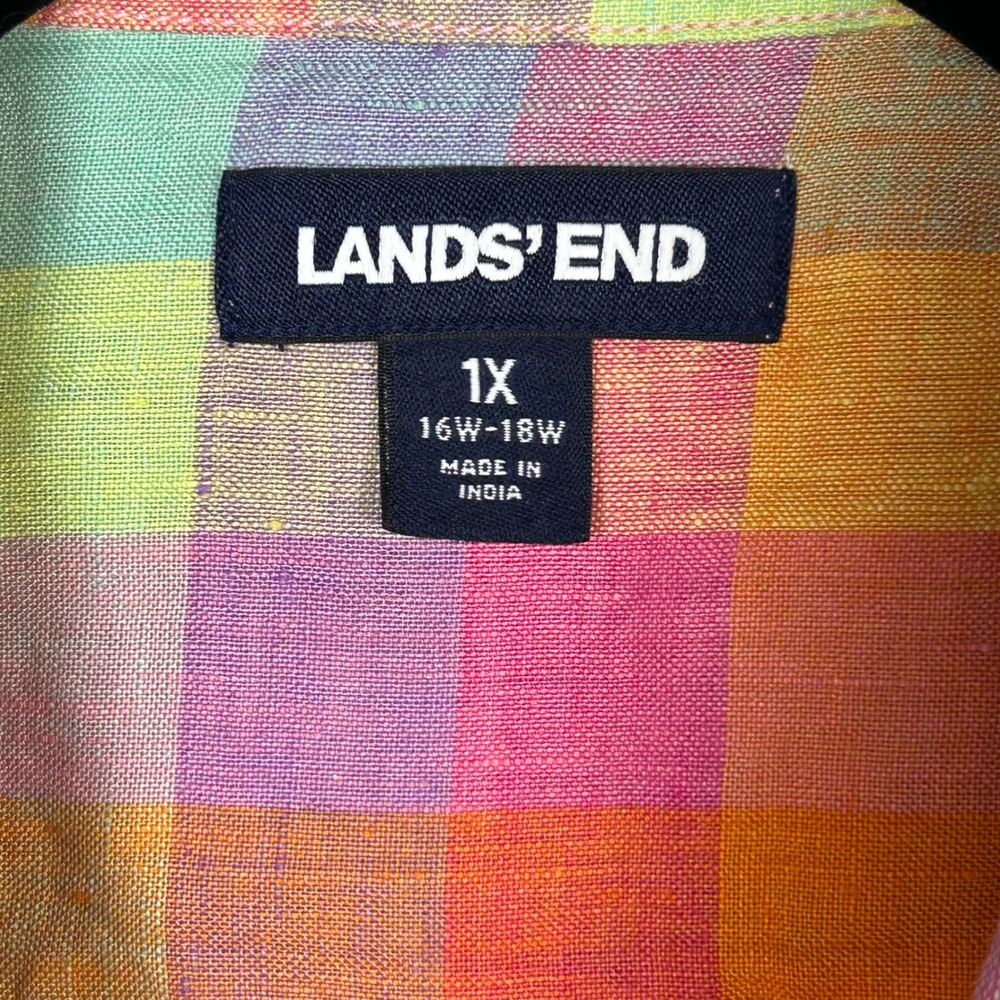 Lands End Linen Shirt Womens 1X Rainbow Madras Plaid Button Down Colorful Preppy - Picture 11 of 11